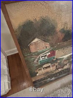 Vintage Folk Art Painting Olde Bucks County Style Signed Christine Framed 48