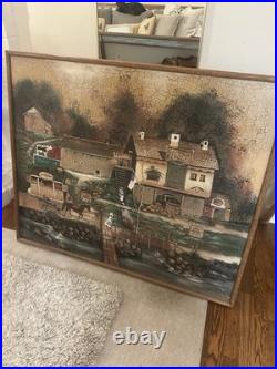Vintage Folk Art Painting Olde Bucks County Style Signed Christine Framed 48