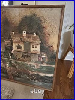 Vintage Folk Art Painting Olde Bucks County Style Signed Christine Framed 48