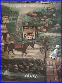 Vintage Folk Art Painting Olde Bucks County Style Signed Christine Framed 48