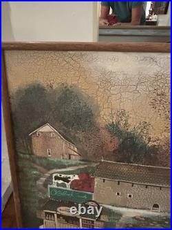 Vintage Folk Art Painting Olde Bucks County Style Signed Christine Framed 48
