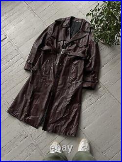 Vintage Genuine Old Money Style Leather Belted Trench Coat Burgundy Red Size L