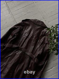 Vintage Genuine Old Money Style Leather Belted Trench Coat Burgundy Red Size L
