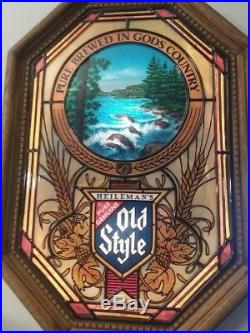 Vintage Heileman's Old Style Beer Stained Glass Lighted Sign River Scene. Works
