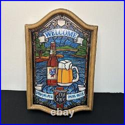 Vintage Heileman's Old Style Beer Welcome Faux Stained Glass Lighted Sign GREAT