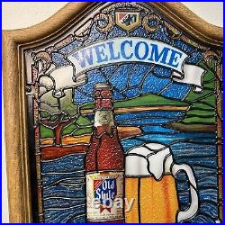 Vintage Heileman's Old Style Beer Welcome Faux Stained Glass Lighted Sign GREAT