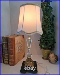 Vintage Hollywood Regency Crystal Brass Table Lamp Scalloped Gimp Shade MCM