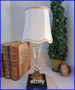 Vintage Hollywood Regency Crystal Brass Table Lamp Scalloped Gimp Shade MCM