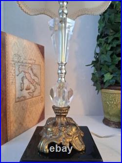 Vintage Hollywood Regency Crystal Brass Table Lamp Scalloped Gimp Shade MCM