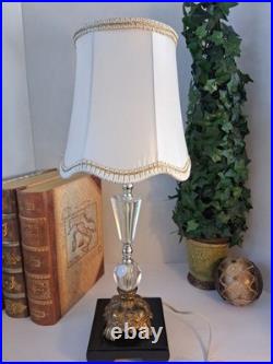 Vintage Hollywood Regency Crystal Brass Table Lamp Scalloped Gimp Shade MCM