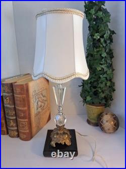Vintage Hollywood Regency Crystal Brass Table Lamp Scalloped Gimp Shade MCM