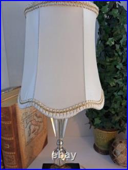 Vintage Hollywood Regency Crystal Brass Table Lamp Scalloped Gimp Shade MCM