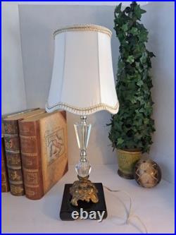 Vintage Hollywood Regency Crystal Brass Table Lamp Scalloped Gimp Shade MCM
