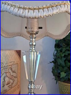 Vintage Hollywood Regency Crystal Brass Table Lamp Scalloped Gimp Shade MCM
