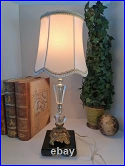 Vintage Hollywood Regency Crystal Brass Table Lamp Scalloped Gimp Shade MCM