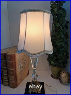 Vintage Hollywood Regency Crystal Brass Table Lamp Scalloped Gimp Shade MCM