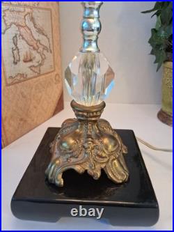 Vintage Hollywood Regency Crystal Brass Table Lamp Scalloped Gimp Shade MCM