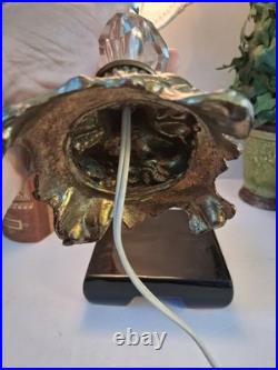 Vintage Hollywood Regency Crystal Brass Table Lamp Scalloped Gimp Shade MCM