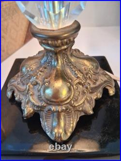 Vintage Hollywood Regency Crystal Brass Table Lamp Scalloped Gimp Shade MCM