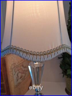 Vintage Hollywood Regency Crystal Brass Table Lamp Scalloped Gimp Shade MCM
