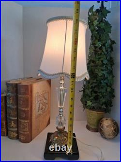 Vintage Hollywood Regency Crystal Brass Table Lamp Scalloped Gimp Shade MCM