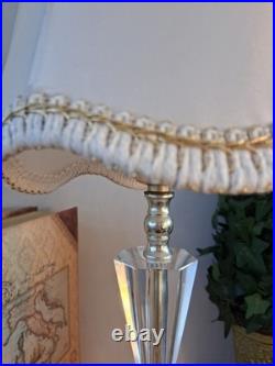 Vintage Hollywood Regency Crystal Brass Table Lamp Scalloped Gimp Shade MCM