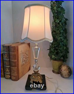 Vintage Hollywood Regency Crystal Brass Table Lamp Scalloped Gimp Shade MCM Vintage Hollywood Regency Crystal Brass Table Lamp Scalloped Gimp Shade MCM