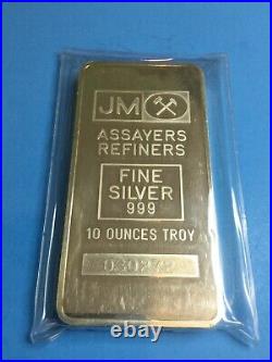Vintage J M (Johnson Matthey J&M) 10 oz. 999 Fine Silver Bar (Old Style)