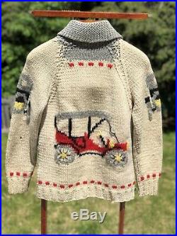 Vintage Lebowski Style Wool Cardigan Cowichan Old Cars Golf Sweater Mens Small