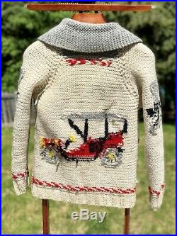 Vintage Lebowski Style Wool Cardigan Cowichan Old Cars Golf Sweater Mens Small