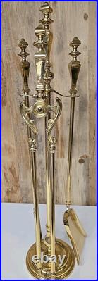 Vintage MCM Regency Style Polished Heavy Brass Fireplace 3 Piece Tool Set Old