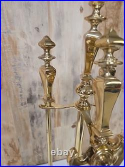 Vintage MCM Regency Style Polished Heavy Brass Fireplace 3 Piece Tool Set Old