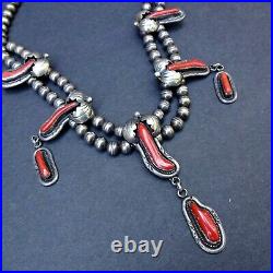 Vintage NAVAJO Sterling Silver OLD RED MED CORAL Squash Blossom Style NECKLACE