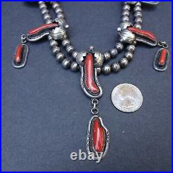 Vintage NAVAJO Sterling Silver OLD RED MED CORAL Squash Blossom Style NECKLACE