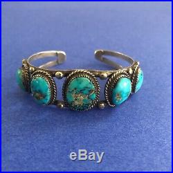 Vintage Native American Silver & Turquoise 5 Stone Cuff Bracelet Old style