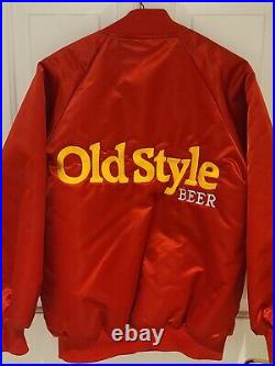 Vintage OLD STYLE BEER Embroidered Red Satin Bomber Jacket HARTWELL USA S 34-36