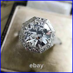 Vintage Old European Round Cut Moissanite Engagement Ring 14k White Gold Plated