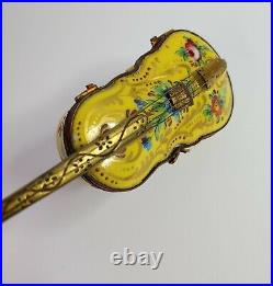 Vintage Old France SIGNED Violin Trinket Box Ormolu Mounted Porcelain Yellow HP