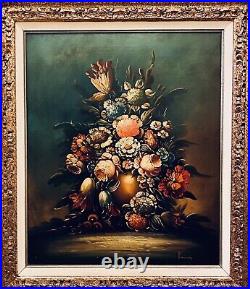 Vintage Old Masters Style Floral Still Life Painting Signed Oil on Canvas 33H