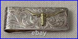 Vintage Old Mexico Longhorn Hand Engraved Money Clip Silver Gold Tone Vogt Style