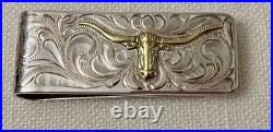 Vintage Old Mexico Longhorn Hand Engraved Money Clip Silver Gold Tone Vogt Style