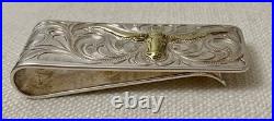 Vintage Old Mexico Longhorn Hand Engraved Money Clip Silver Gold Tone Vogt Style