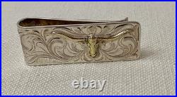 Vintage Old Mexico Longhorn Hand Engraved Money Clip Silver Gold Tone Vogt Style