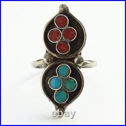 Vintage Old Native American Dishta Style Coral Turquoise Ring Size 7.25 Sterling