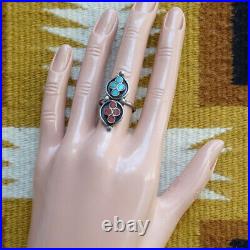 Vintage Old Native American Dishta Style Coral Turquoise Ring Size 7.25 Sterling