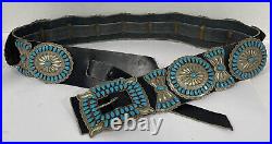Vintage Old Pawn Native Style Snow White Turquoise Concho Black Leather Belt