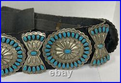 Vintage Old Pawn Native Style Snow White Turquoise Concho Black Leather Belt