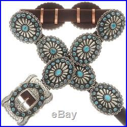 Vintage Old Pawn Native Style Stamped Silver Natural Turquoise Concho Belt