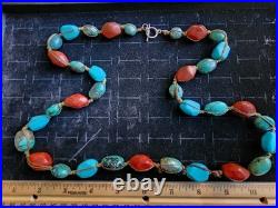 Vintage Old Pawn Turquoise/Coral Boulder Bead Style Necklace Handmade Native