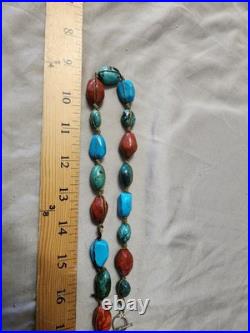 Vintage Old Pawn Turquoise/Coral Boulder Bead Style Necklace Handmade Native